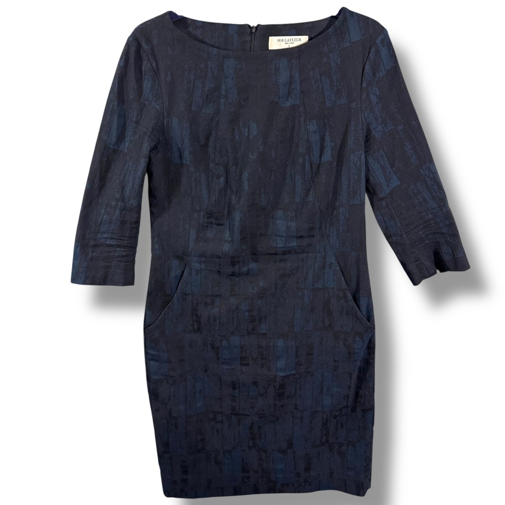 MM LaFleur Etsuko Brushed Jacquard Abstract Print Navy Sheath Dress Size 8